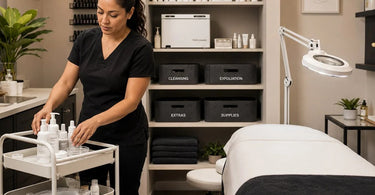 Organized small multi-purpose aesthetic room featuring a massage table, rolling cart with supplies, wall shelving, and professional spa equipment.