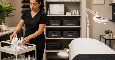 Organized small multi-purpose aesthetic room featuring a massage table, rolling cart with supplies, wall shelving, and professional spa equipment.