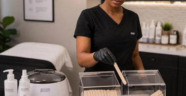 Close up of an esthetician organizing clean waxing sticks into a compartmentalized organizer, keeping them separate from used supplies for sanitation purposes.