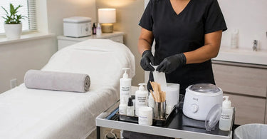 A well-prepared waxing room featuring a modern waxing bed, a rolling cart with ItalWax products, and a clean, organized setup for full-leg waxing services.