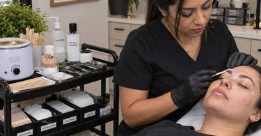 Professional waxing station set up with hard wax warmer, brow spatulas, and pre and post wax products ready for high-volume brow appointments