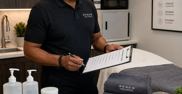 A graphic illustration showing key steps for health inspection preparation, including cleaning surfaces, disinfecting tools, and organizing workspaces.