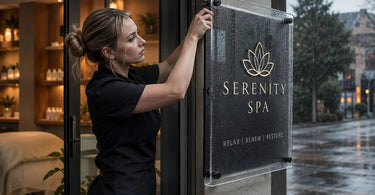 Professional outdoor signage for a spa or salon, securely mounted and designed to withstand wind and rain, enhancing curb appeal.