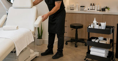 Spa treatment room prepared for clients with mobility challenges featuring an adjustable massage table and clear floor space for wheelchair accessibility.