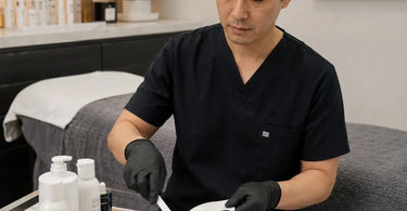 Close up of spa professional preventing applicator handle from touching product during a treatment, showcasing proper hygiene technique