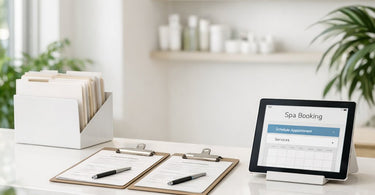 A close-up shot of a clipboard with a waxing consent form and a pen, lying on a white towel next to professional waxing supplies like spatulas and hard wax beads, symbolizing chargeback prevention for beauty professionals.