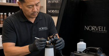 A professional spray tanning tent setup with clean equipment, a spray gun, and cleaning supplies to prevent clogging.