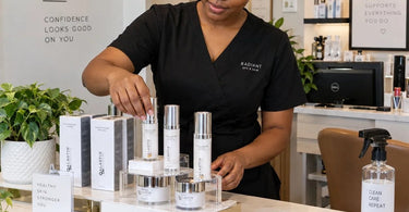 Clean retail display shelf in a spa or salon with professional beauty products arranged neatly and dust-free surfaces