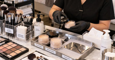 Professional makeup station with organized loose powder products, hygienic table paper, and clean workspace setup for salon and spa services