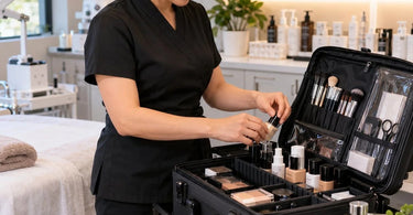 Professional makeup train case organized with adjustable dividers and essential salon tools