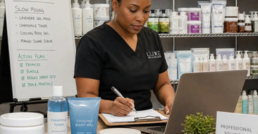 A spa professional organizing a cluttered back bar shelf to prevent overstocking slow-moving products, featuring various salon and spa supplies.