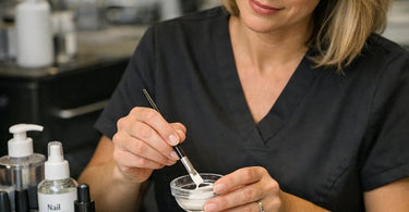 A split image showing a natural nail stained yellow from dark polish on one side, and a pristine, unstained natural nail on the other side, representing the solution offered by Pure Spa Direct.