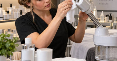 Close-up of a professional facial steamer nozzle showing clean, clear steam holes with a soft mist being emitted