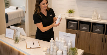 Banner image for the Pure Spa Direct blog post titled How to Prevent Retail Overflow From Taking Over the Reception Area, featuring a serene and organized salon or spa reception area.