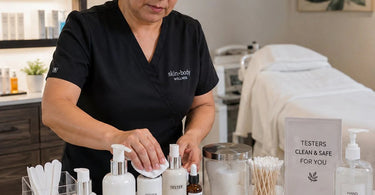 Clean and inviting retail tester station setup for a spa or salon, featuring disposable applicators and sanitized products.