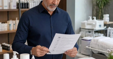 A diverse team of salon and spa professionals collaborating and reviewing a home-care guide to ensure consistent client advice and brand messaging.