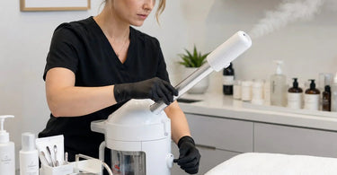 A serene spa treatment room with a professional facial steamer in use, highlighting the importance of preventing drips for a flawless client experience.