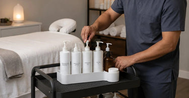 A well-organized spa rolling cart featuring various tall bottles safely secured and upright, preventing them from falling.