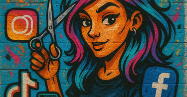 Hair stylist taking a selfie with a client showing off a vibrant hair color transformation in a modern salon