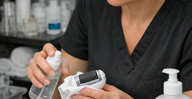 Technician cleaning a professional electric foot file roller with a brush and disinfectant spray on a salon counter.