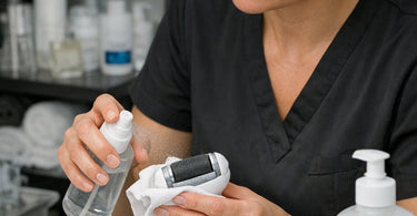 Technician cleaning a professional electric foot file roller with a brush and disinfectant spray on a salon counter.