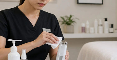 Esthetician cleaning metal microcurrent probes with a white cloth and spray bottle on a treatment room counter