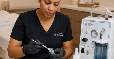 Technician cleaning a professional microdermabrasion filter under running water to maintain salon equipment