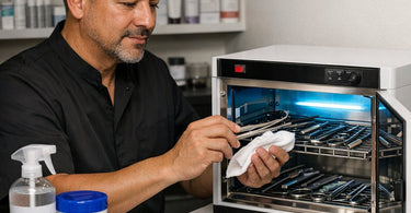 Steps on how to properly clean a professional UV sterilizer cabinet displayed on a clipboard next to cleaning supplies and a white UV sterilizer unit on a counter.