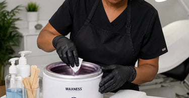 Close up of a professional wax pot rim being cleaned with a paper towel, highlighting hygiene and maintenance for salon equipment.
