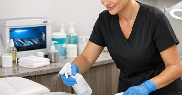 Spa professional properly cleaning and sanitizing a facial bed between client treatments with spray bottle and cloth at Pure Spa Direct