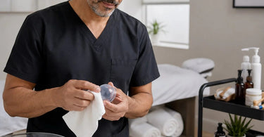 Clear silicone cupping set displayed on a white towel with cleaning supplies like a spray bottle and soft sponge nearby
