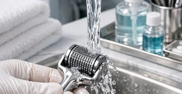 Close-up of a professional microcoring derma roller being cleaned and sterilized in a spa setting