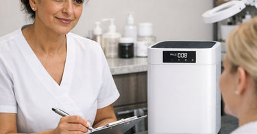 Salon professional inspecting and cleaning the pre-filter of a commercial air purifier to maintain indoor air quality.