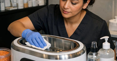 Clean professional paraffin bath equipment with pure wax and sanitized accessories in a spa setting