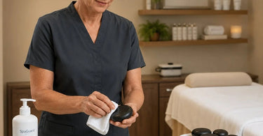 A professional massage stone being sanitized with a spray, symbolizing cleanliness and hygiene in spa treatments.