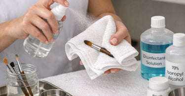 Close up image of a professional nail brush being sanitized in a clear disinfectant solution, representing proper salon hygiene and tool care for nail technicians.
