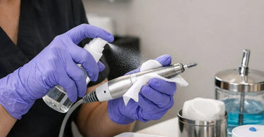 Nail Technician sanitizing a professional nail drill bit in a salon setting