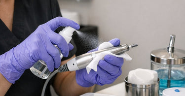 Nail Technician sanitizing a professional nail drill bit in a salon setting