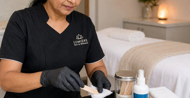 A professional wax applicator being properly sanitized with a disinfectant spray and clean wipes in a salon setting.