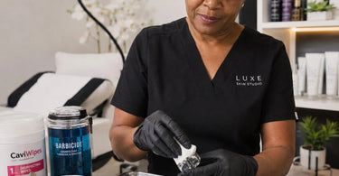 A clear glass mixing dappen dish being sanitized with spray and a cloth on a salon counter alongside professional cleaning supplies.