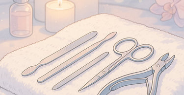 Close-up of sanitized nail tools on a clean towel in a professional salon setting