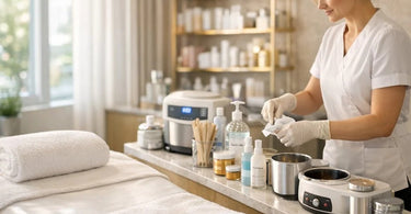 A pristine and well-organized professional waxing suite with a clean wax warmer, neatly arranged tools, and fresh linen on the treatment table.