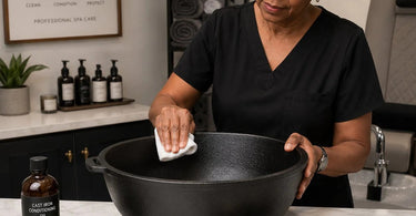 Technician seasoning a new cast iron pedicure bowl with oil