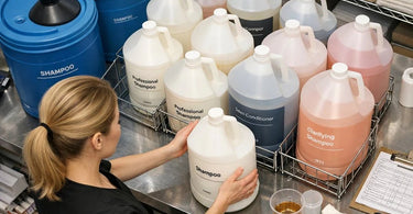 Proper storage techniques for large bulk professional shampoo bottles in a salon back bar storage area