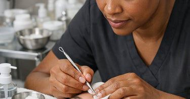 Professional comedone extractor tool being used for blackhead removal on skin during facial treatment