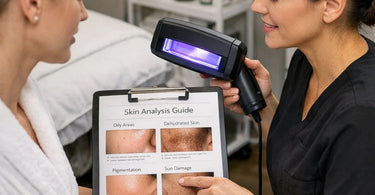 Professional Wood's Lamp skin analysis on a client in a dark spa treatment room