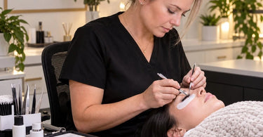 Lash artist hands holding precision tweezers during a long eyelash extension appointment