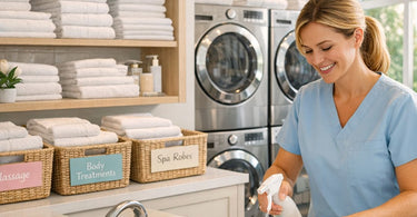 Stack of white spa towels neatly folded with a modern washer and dryer in the background, symbolizing efficient laundry management