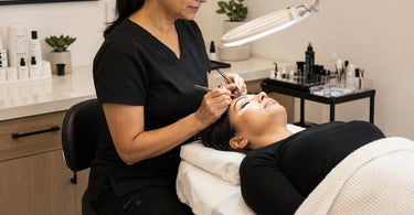 Lash and brow artist working at an ergonomic station with proper posture and equipment to reduce neck strain