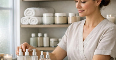 A collage of various spa and salon supplies including wax, towels, and nail products, representing smart substitutions for cost savings.